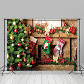 Lofaris Green Xmas Trees Fireplace Socks Christmas Backdrop